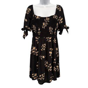 American Eagle Black Floral Babydoll Smocked Tie Sleeve Mini Dress Size M Y2K